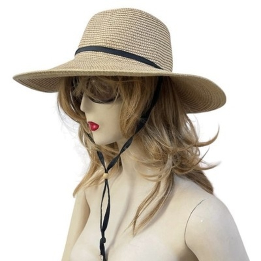 Smith & Hawken Wide Brim Straw Sun Hat Black Ribbon Chin Cord Natural Tan VG - Picture 6 of 10